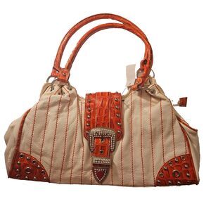 Women Shoulder Bag Orange White Striped Silver Buckle Closure 15"W 8"H 7" depth